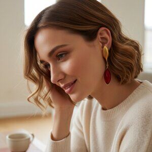 GOLD TONE DROP/DANGLE RED GLASS STONE 3.3/4 "LONG CLIP-ON EARRINGS